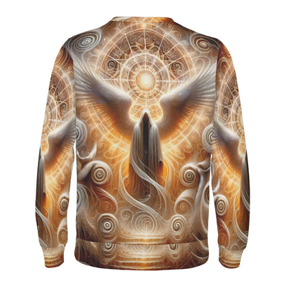 Sacred Wings Poly French Terry Sweatshirt unisex sweater with golden angel wings and ornate mandala back print
