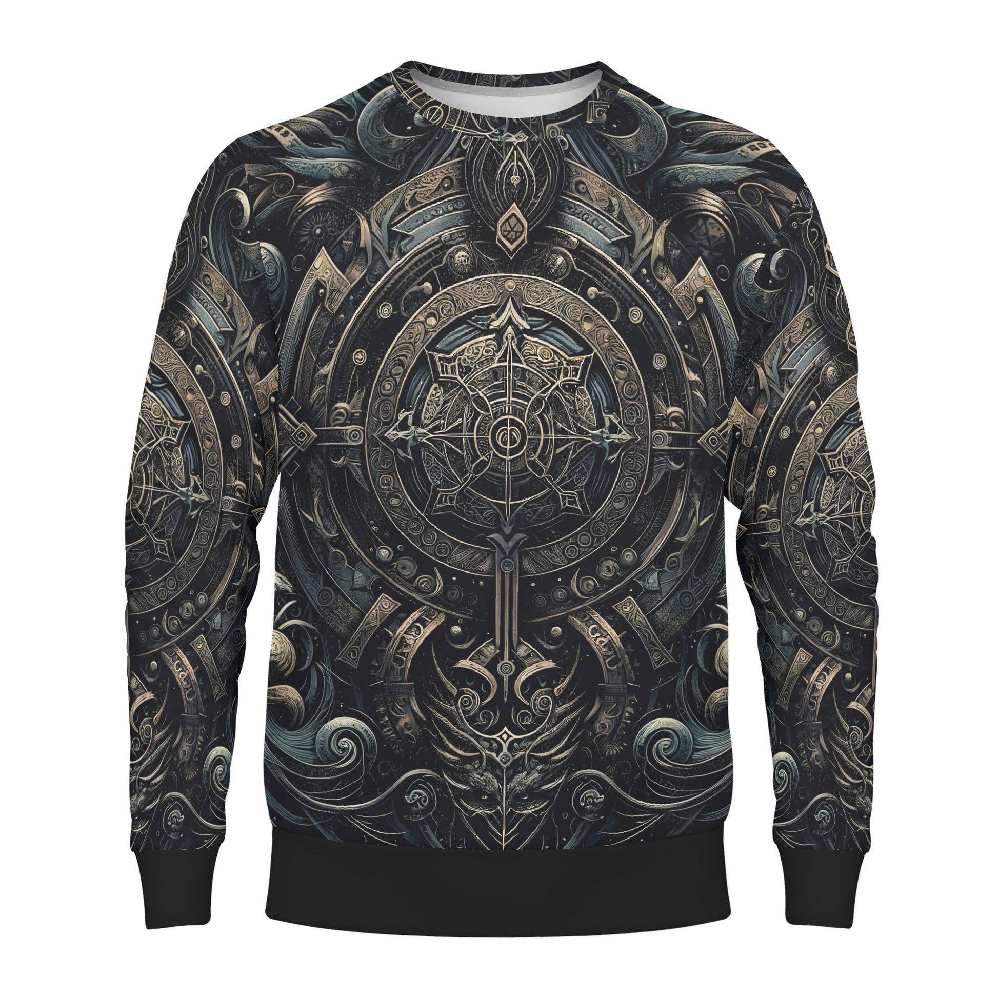 Unisex sweater with ornate metallic compass medallion and wave motifs Chronicles of the Ether Poly French Terry Sweatshirt