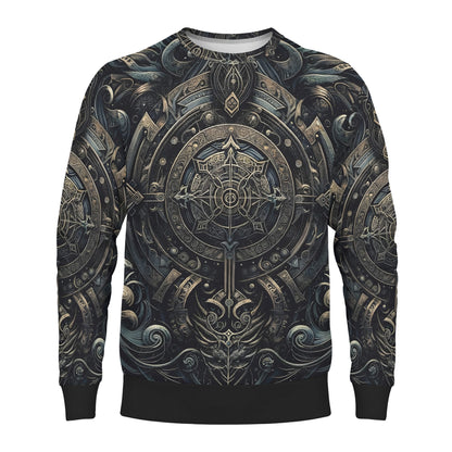 Unisex sweater with ornate metallic compass medallion and wave motifs Chronicles of the Ether Poly French Terry Sweatshirt