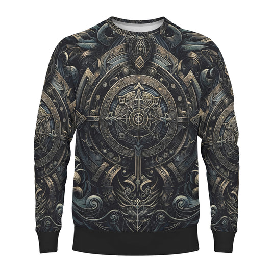 Unisex sweater with ornate metallic compass medallion and wave motifs Chronicles of the Ether Poly French Terry Sweatshirt