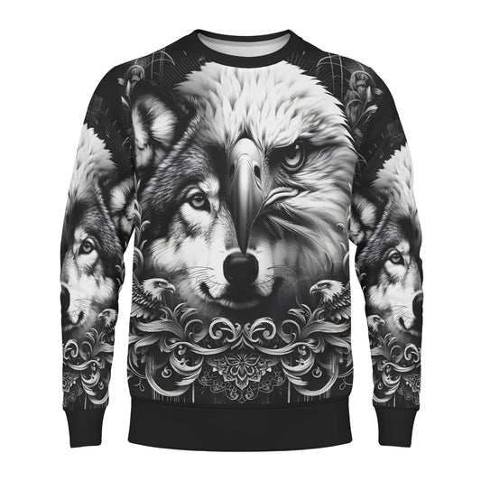 Loud and Lethal unisex Wolf and Wings Poly French Terry Sweatshirt black white wolf eagle face ornate design