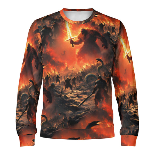 Loud and Lethal unisex sweater featuring epic fiery battlefield print Fire and Blood Poly French Terry Sweatshirt perfect for fans
