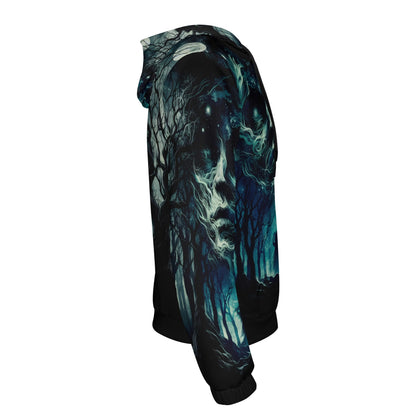 Fear of the Dark Cotton Terry hoodie by Loud and Lethal with eerie forest and ghostly face design