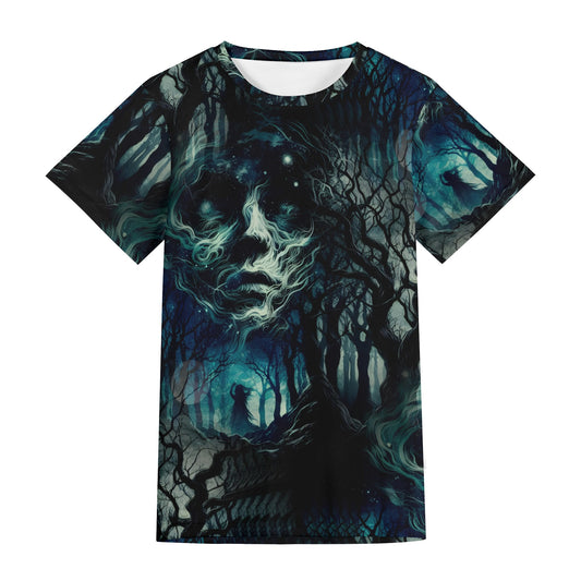 Fear of the Dark Organic Cotton T-Shirt by Loud and Lethal with eerie dark forest and ghostly face design