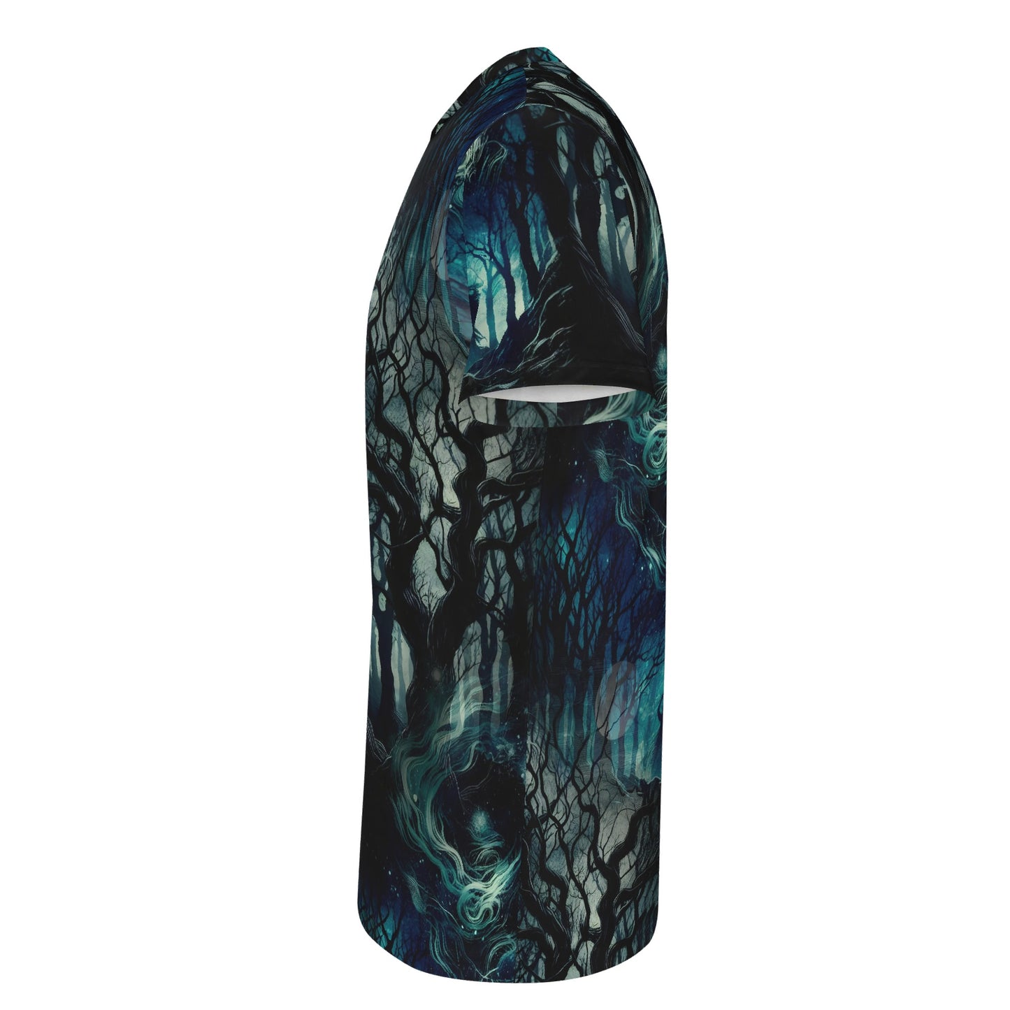 Side view of Fear of the Dark Organic Cotton T-Shirt by Loud and Lethal with dark forest design
