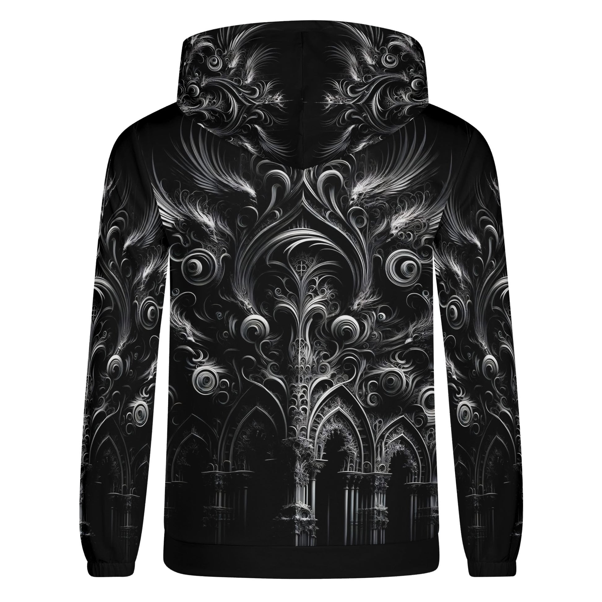 Feathers of the Abyss Cotton Terry Hoodie by Loud and Lethal in black with intricate gothic feather design