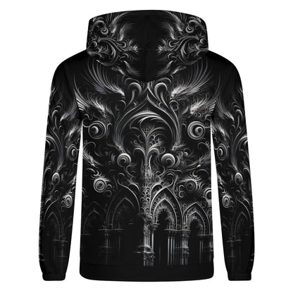 Feathers of the Abyss Cotton Terry Hoodie by Loud and Lethal in black with intricate gothic feather design
