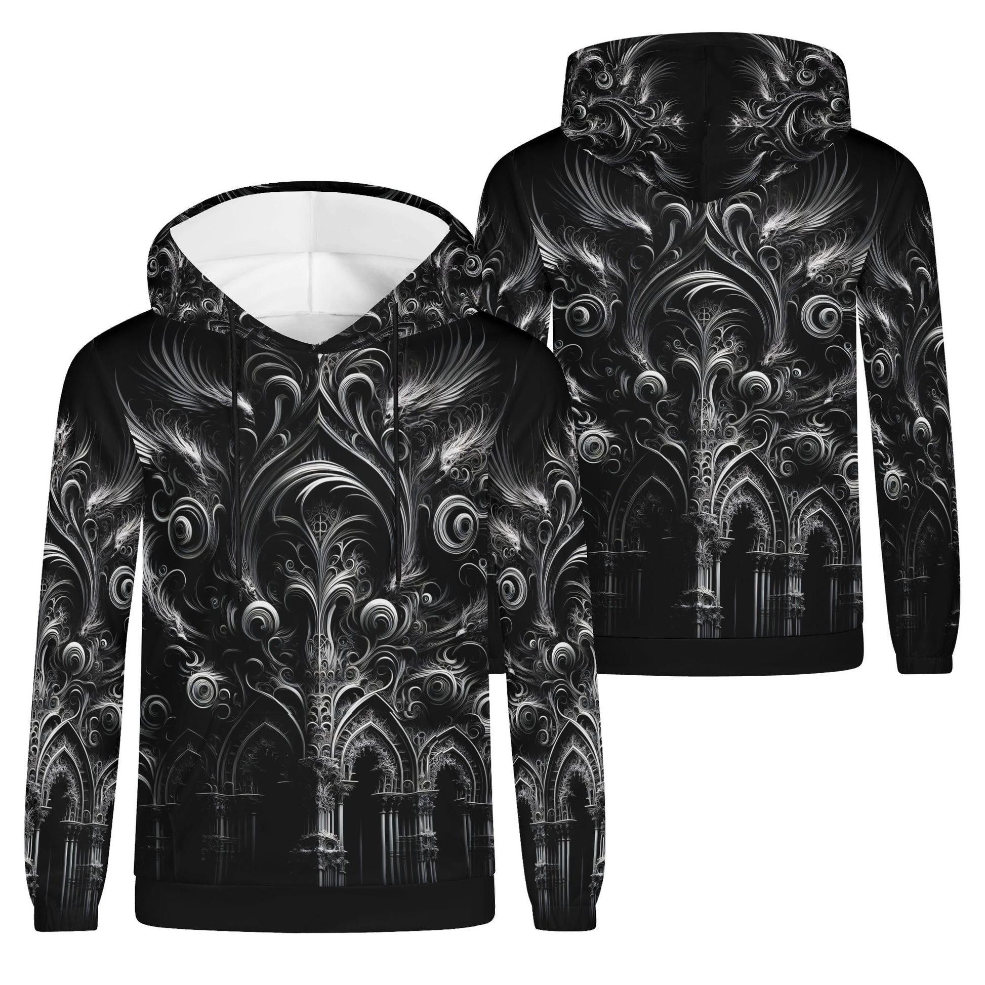 Feathers of the Abyss Cotton Terry Hoodie by Loud and Lethal with intricate black and gray gothic feather design