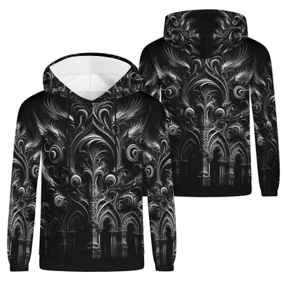 Feathers of the Abyss Cotton Terry Hoodie by Loud and Lethal with intricate black and gray gothic feather design