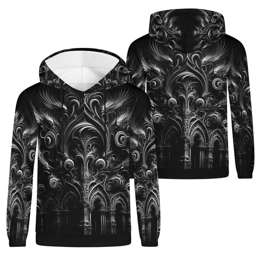 Feathers of the Abyss Cotton Terry Hoodie by Loud and Lethal with intricate black and gray gothic feather design