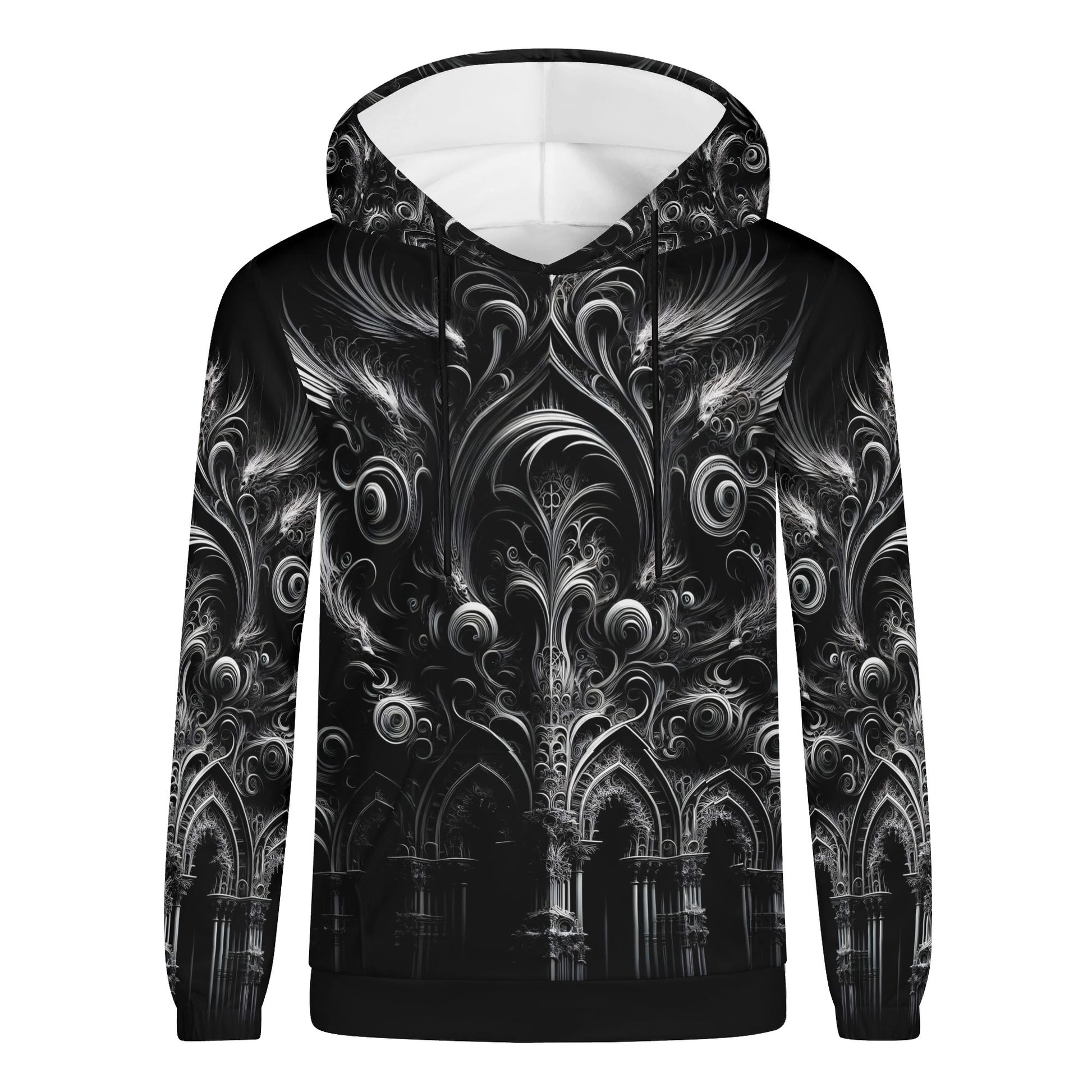 Feathers of the Abyss Cotton Terry Hoodie unisex black hoodie with intricate dark feather and gothic architectural design