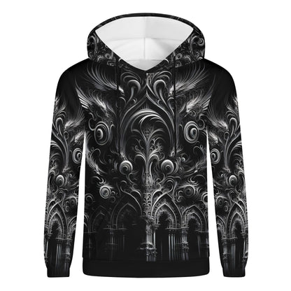 Feathers of the Abyss Cotton Terry Hoodie unisex black hoodie with intricate dark feather and gothic architectural design