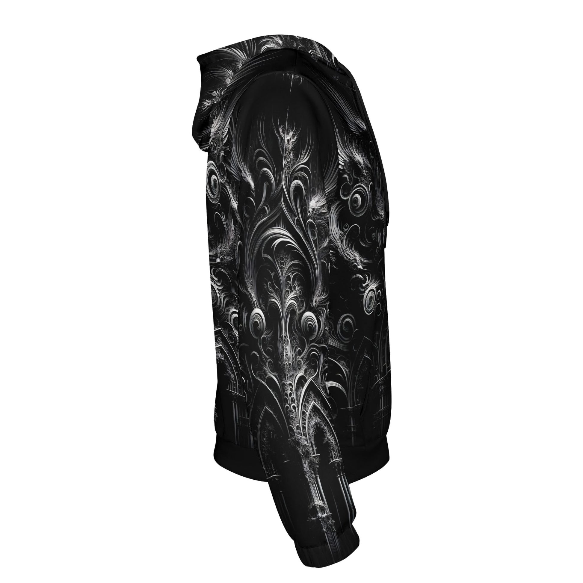 Side view of Feathers of the Abyss Cotton Terry Hoodie by Loud and Lethal in black with intricate feathered patterns