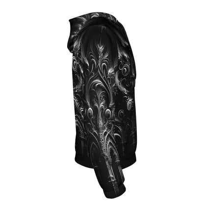 Side view of Feathers of the Abyss Cotton Terry Hoodie by Loud and Lethal in black with intricate feathered patterns