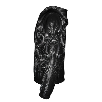 Loud and Lethal Feathers of the Abyss Cotton Terry Hoodie black unisex hoodie with intricate abstract feather design