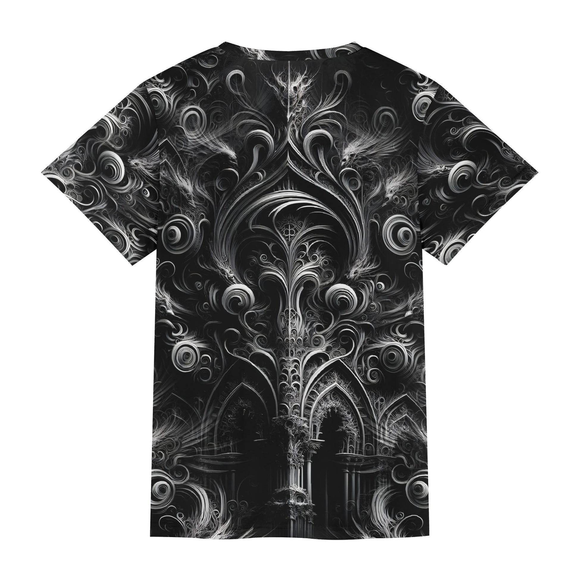 Feathers of the Abyss Lycra T-Shirt by Loud and Lethal with black intricate gothic swirl design