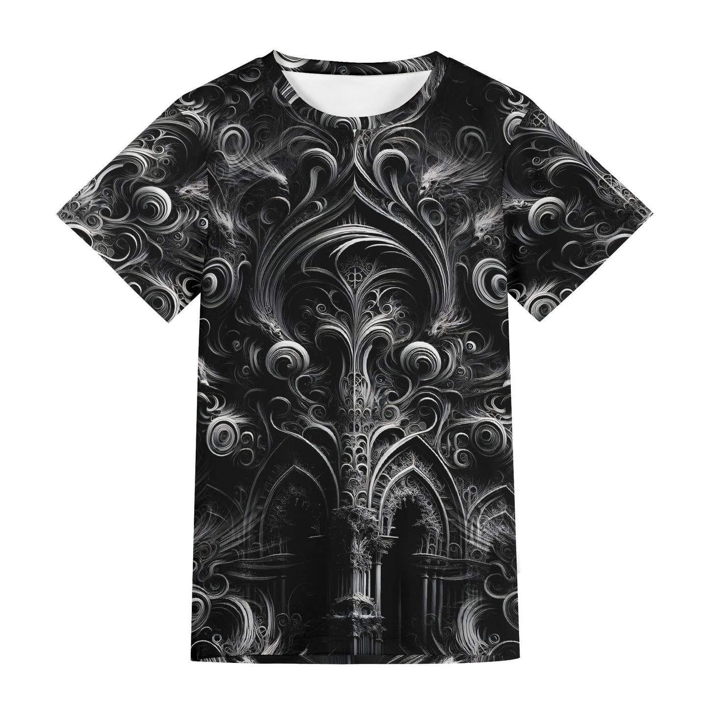 Loud and Lethal Feathers of the Abyss Lycra T-Shirt with black and white intricate gothic feather design