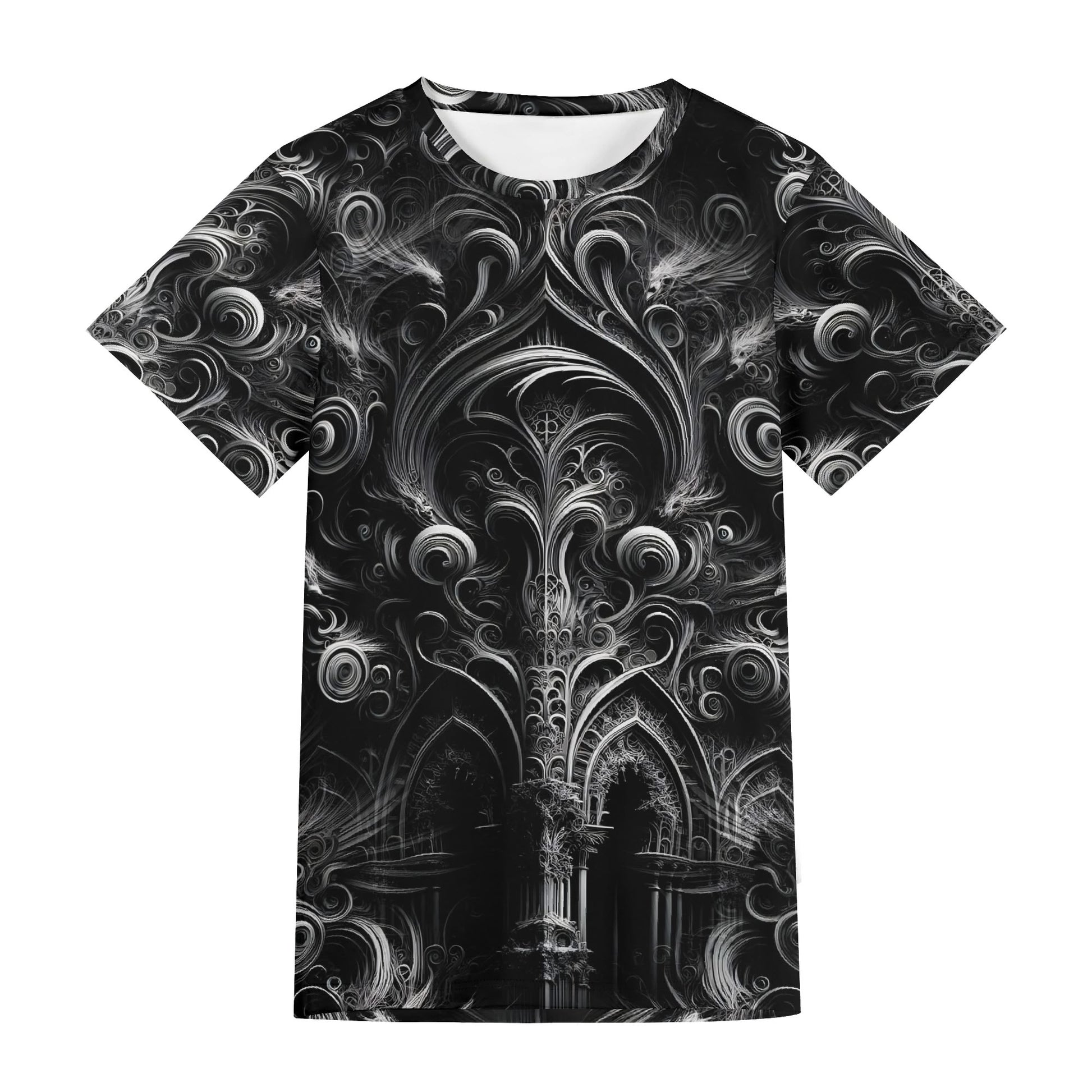 Loud and Lethal Feathers of the Abyss Lycra T-Shirt with black and white intricate gothic feather design