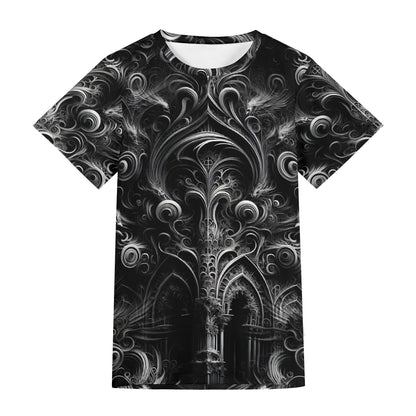 Loud and Lethal Feathers of the Abyss Lycra T-Shirt with black and white intricate gothic feather design