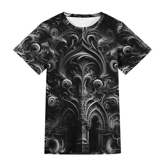 Loud and Lethal Feathers of the Abyss Lycra T-Shirt with black and white intricate gothic feather design