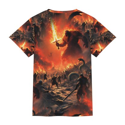 Fire and Blood Lycra T-Shirt by Loud and Lethal featuring fiery battle scene with warriors and a giant wielding a flaming sword