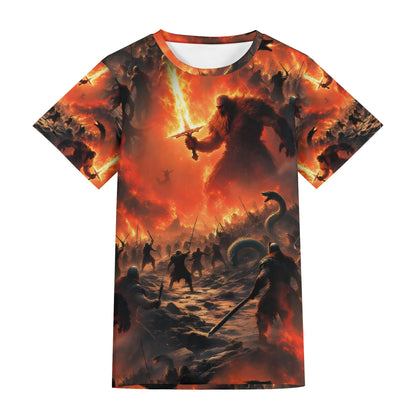 Fire and Blood Lycra T-Shirt by Loud and Lethal featuring a fiery battle scene with warriors and a giant wielding a flaming sword