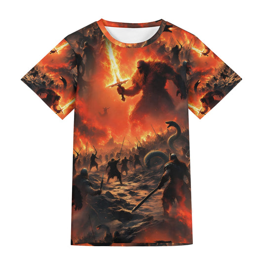 Fire and Blood Lycra T-Shirt by Loud and Lethal featuring a fiery battle scene with warriors and a giant wielding a flaming sword