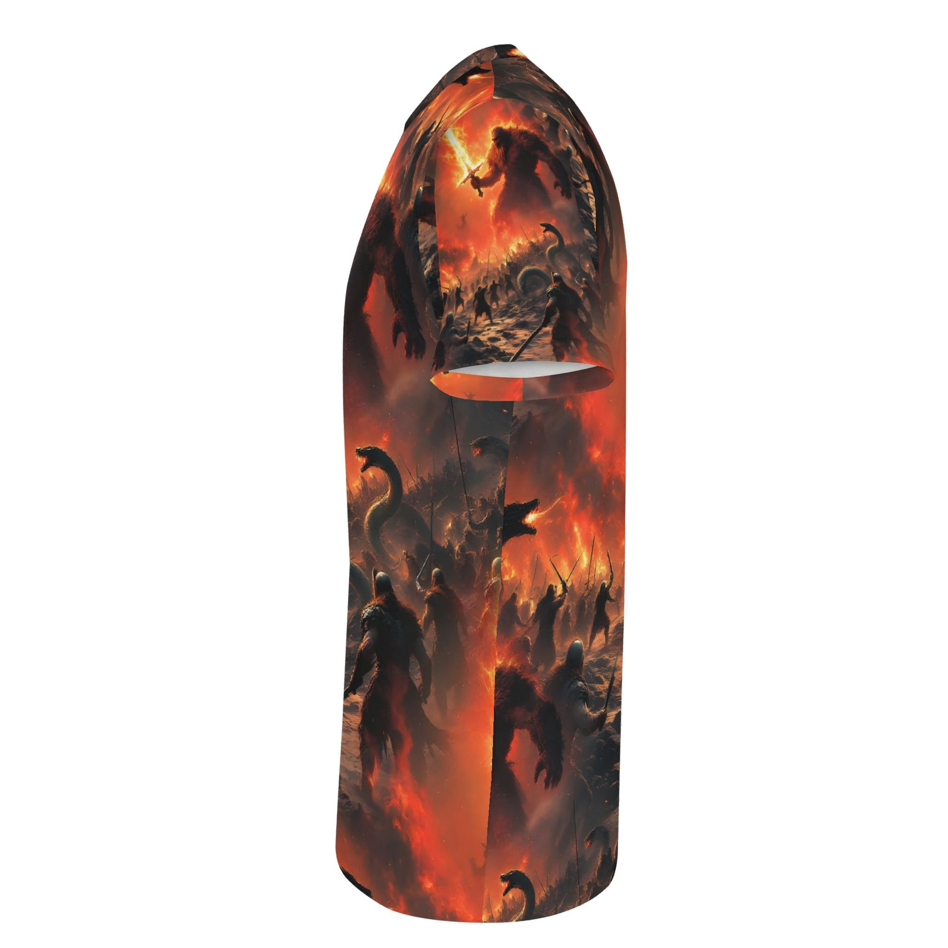 Side view of Loud and Lethal Fire and Blood Lycra T-Shirt with fiery battle design on unisex fit