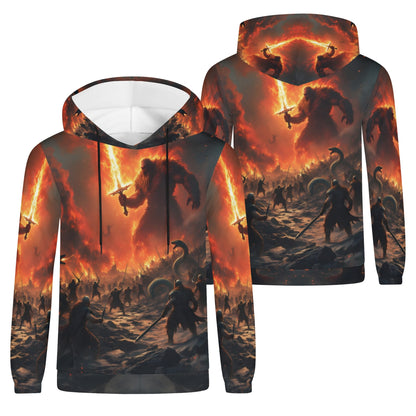 Fire and Blood Poly French Terry hoodie with fiery battle scene design by Loud and Lethal unisex hoodie