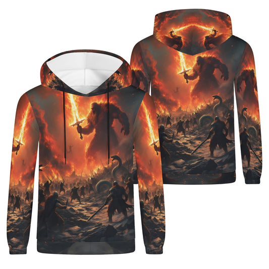 Fire and Blood Poly French Terry hoodie with fiery battle scene design by Loud and Lethal unisex hoodie