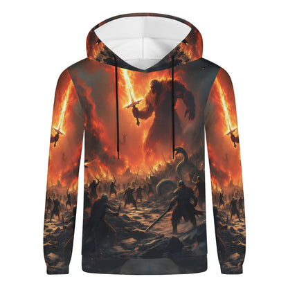 Fire and Blood Poly French Terry hoodie by Loud and Lethal featuring a fiery battle scene with a giant warrior and sword