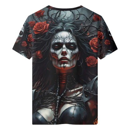 Firepunk Fantasia 100 Cotton T-Shirt featuring dark fantasy art of a woman with skull makeup and red roses