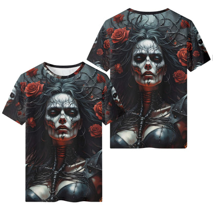 Firepunk Fantasia 100 Cotton T-Shirt featuring dark gothic woman with skull makeup and red roses design