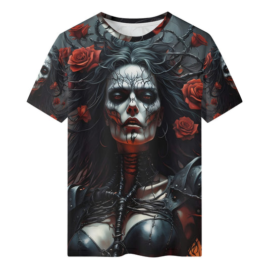 Firepunk Fantasia 100 Cotton T-Shirt with dark gothic woman skull face and red roses design