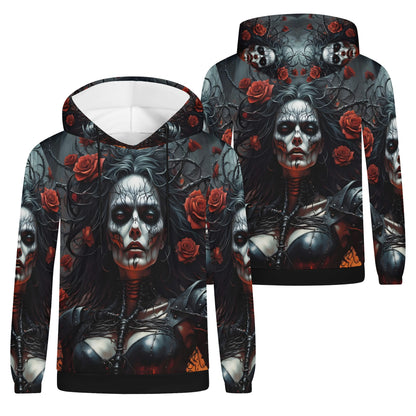 Firepunk Fantasia Poly French Terry hoodie by Loud and Lethal with dark gothic woman and red roses design