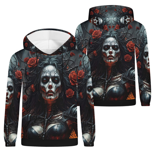 Firepunk Fantasia Poly French Terry hoodie by Loud and Lethal with dark gothic woman and red roses design