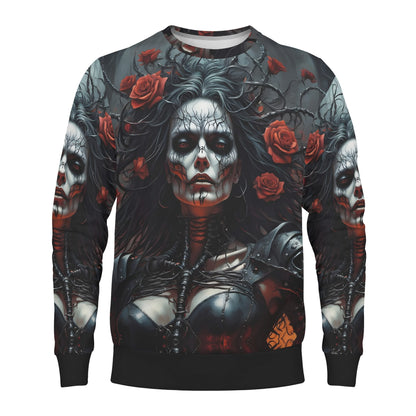 Firepunk Fantasia Poly French Terry Sweatshirt by Loud and Lethal unisex gothic skull woman with red roses thorn vines and armor