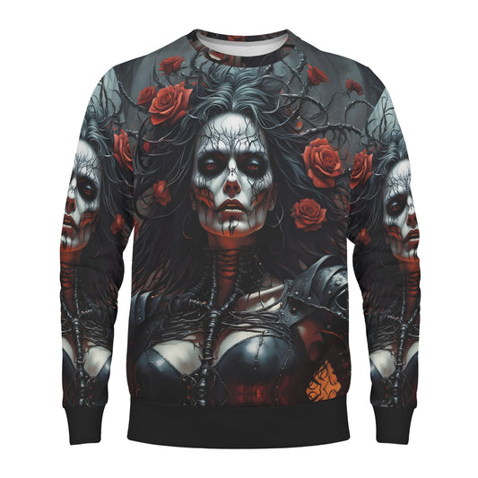 Firepunk Fantasia Poly French Terry Sweatshirt by Loud and Lethal unisex gothic skull woman with red roses thorn vines and armor