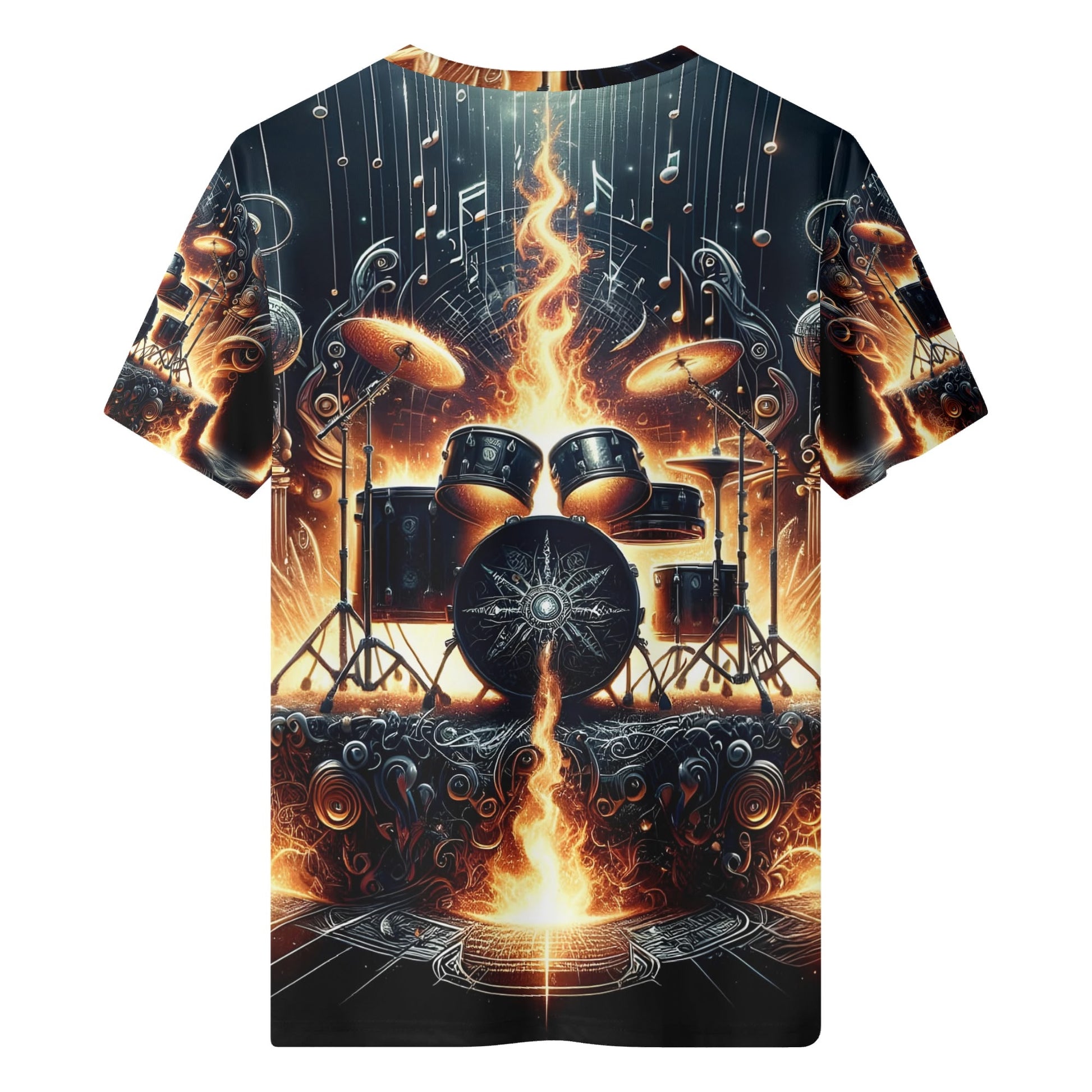 Firestorm Drums 100 Cotton T-Shirt by Loud and Lethal featuring fiery drum set graphic on black unisex tee