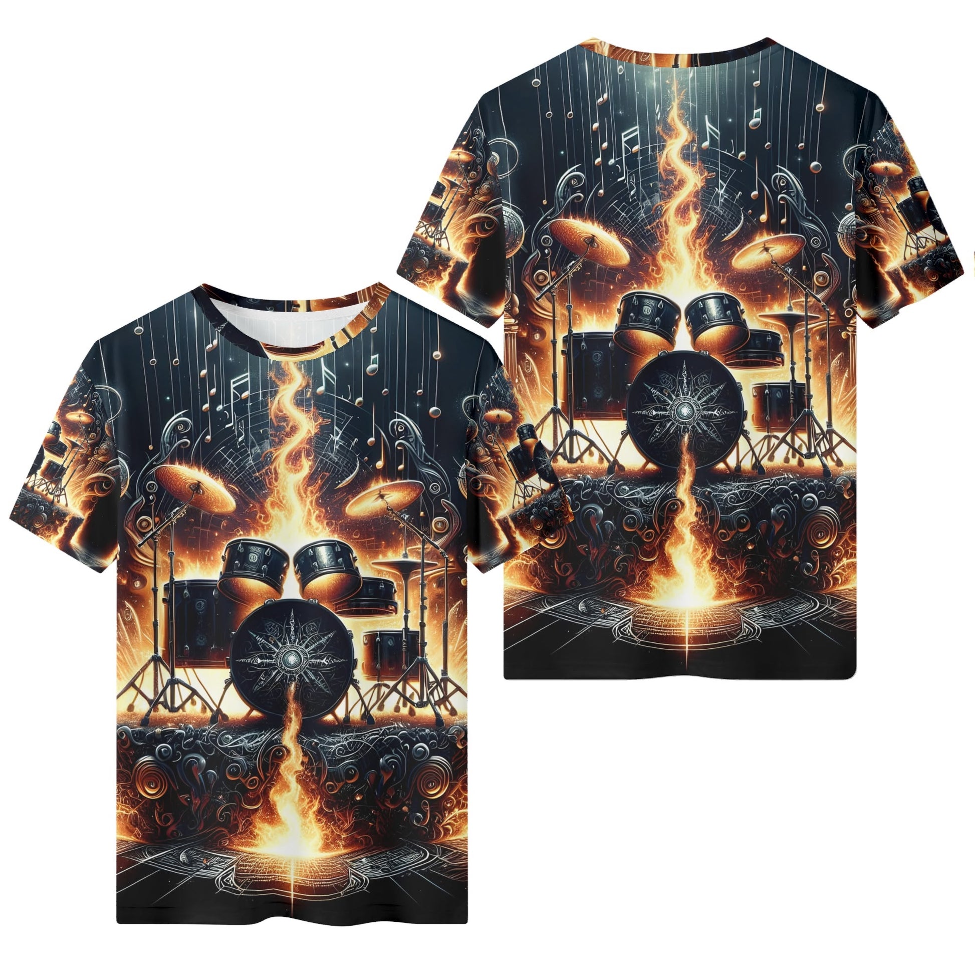 Firestorm Drums 100 Cotton T-Shirt featuring a fiery drum set graphic on black background