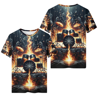 Firestorm Drums 100 Cotton T-Shirt featuring a fiery drum set graphic on black background