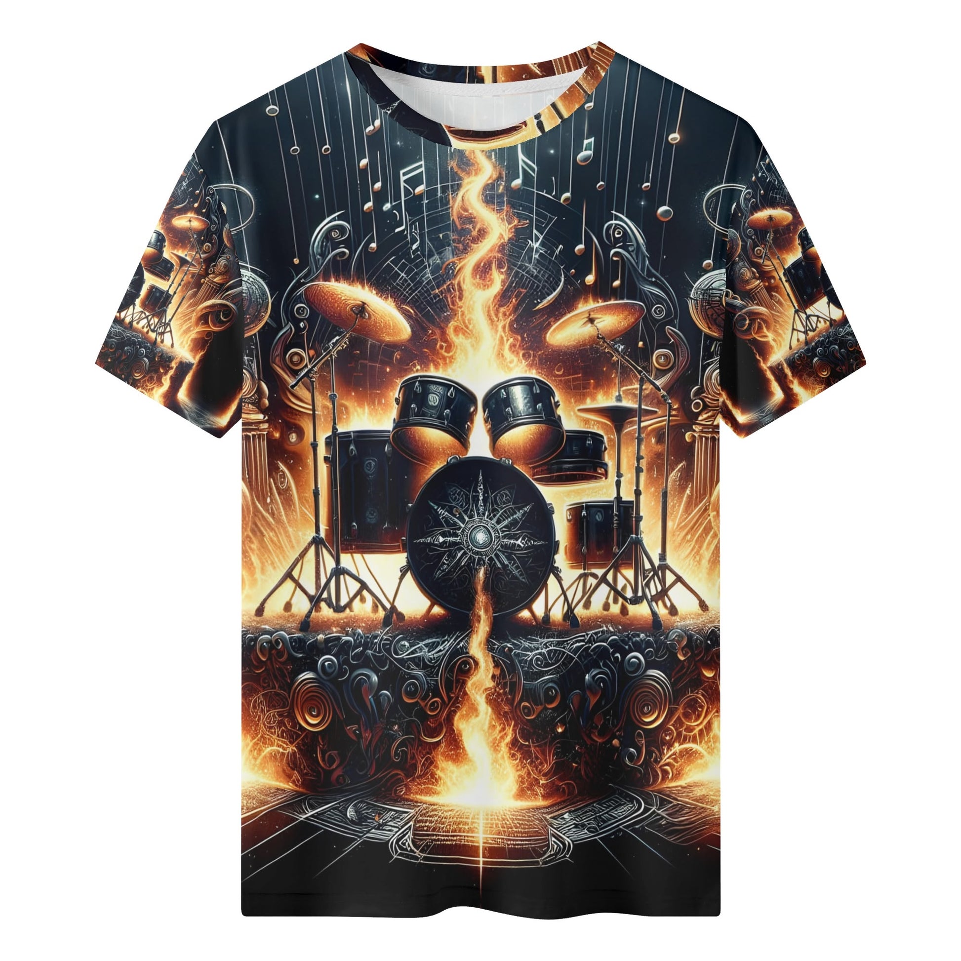 Firestorm Drums 100 Cotton T-Shirt featuring a fiery drum set design unisex style