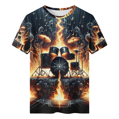 Firestorm Drums 100 Cotton T-Shirt featuring a fiery drum set design unisex style