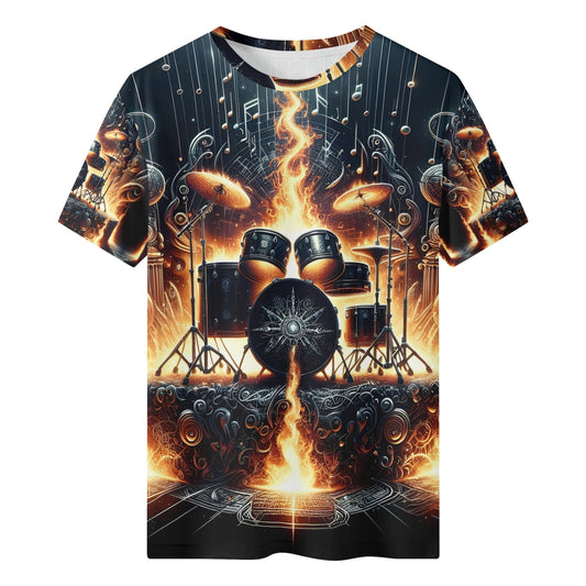 Firestorm Drums 100 Cotton T-Shirt featuring a fiery drum set design unisex style