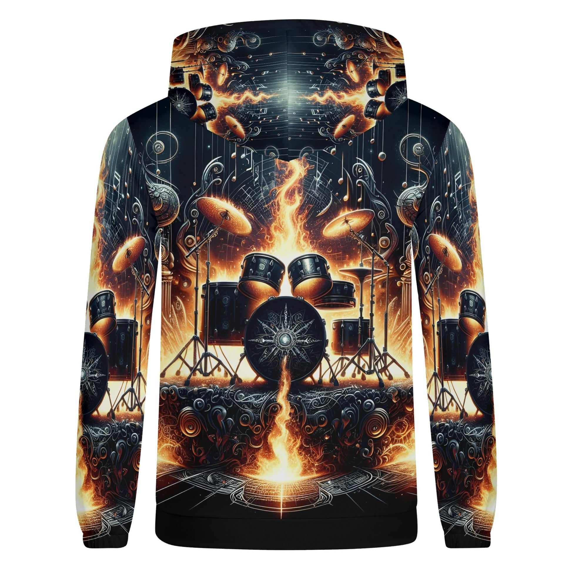Firestorm Drums Poly French Terry hoodie with fiery drum set graphic and loud vibrant design