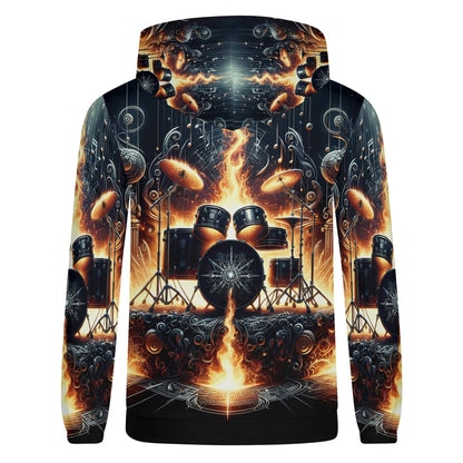 Firestorm Drums Poly French Terry hoodie with fiery drum set graphic and loud vibrant design