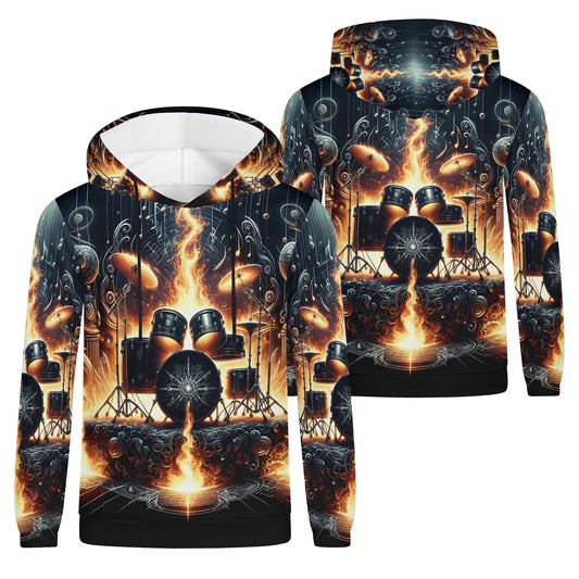 Firestorm Drums Poly French Terry hoodie with fiery drum set graphic in black and orange tones