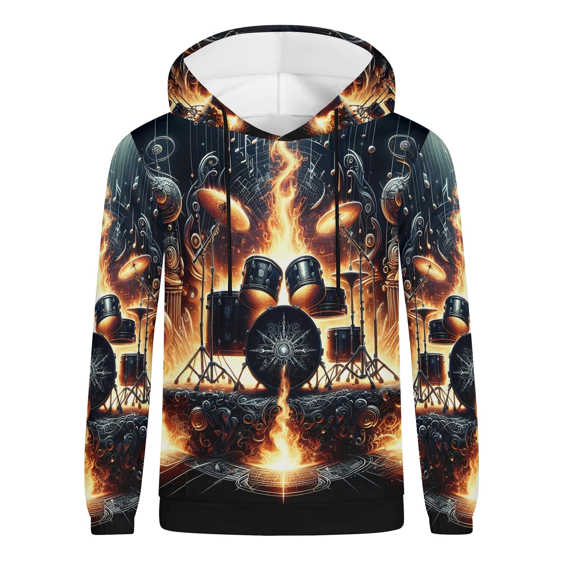 Firestorm Drums Poly French Terry hoodie by Loud and Lethal featuring fiery drum set graphic on black background