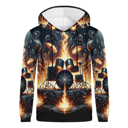 Firestorm Drums Poly French Terry hoodie by Loud and Lethal featuring fiery drum set graphic on black background