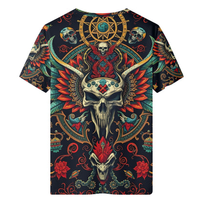 Flourish of Rebellion Organic Cotton T-Shirt Limited Edition unisex black tee with ornate horned skull wings and floral mandala